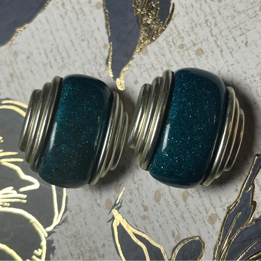 Vintage 80s Silver and Teal Blue Sparkle Enamel Oversized Statement Earrings D2